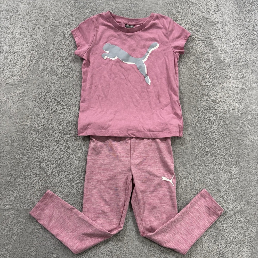 PUMA Girls 2-Piece Outfit Set Sz 5 Pink Logo Short Sleeve w Matching Pants - Picture 2 of 7